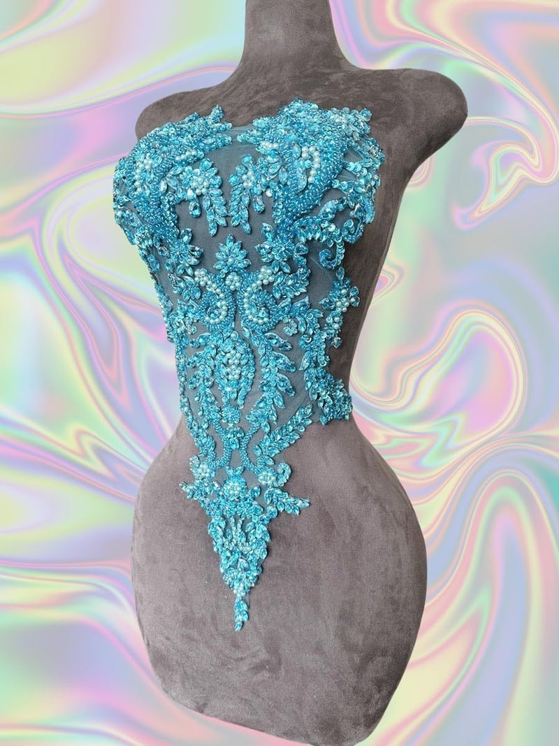ArtistryXB Handmade Rhinestones Lace Bodice Applique Sew on Beads Sequins Trimming Patches for Dress Clothing Accessories 1Pcs/Bag (Sky Blue) - Image 3
